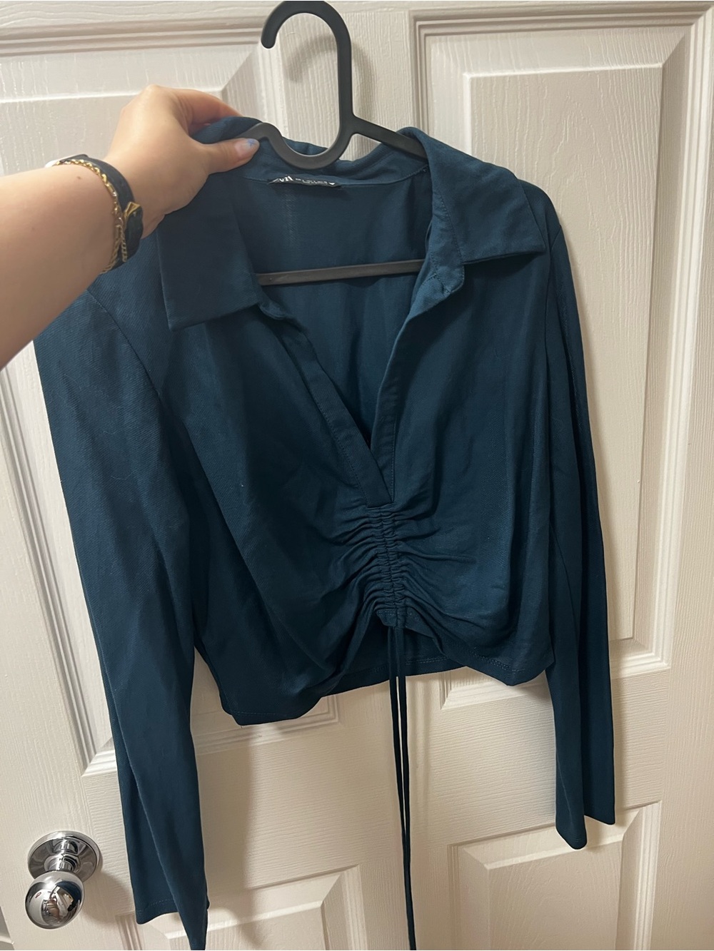 Zara Teal Ruched Drawstring Top